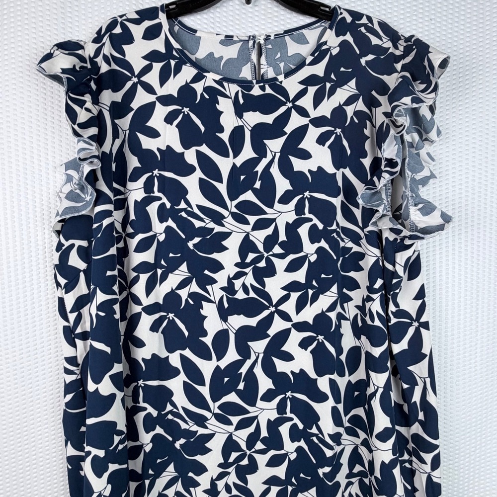 Women Navy White Shift Dress Plus Size 5XL‎ Floral Leaf Ruffle Sleeve Spring